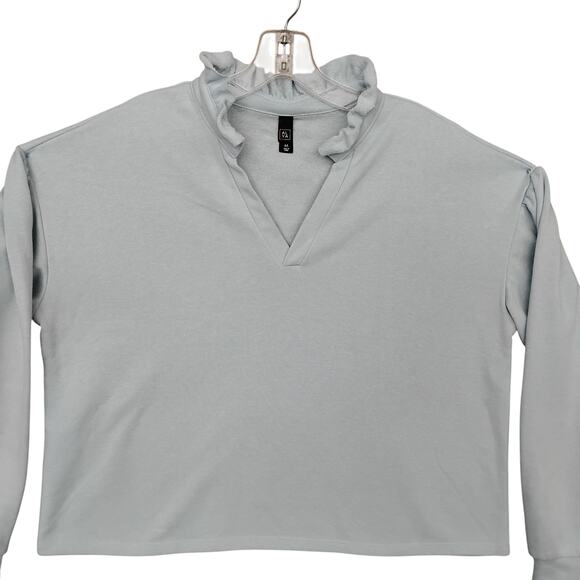 ALYA Romantic Cut Sweatshirt Size Medium Pastel Blue Ruffle V Neck Puffy Sleeves - Picture 4 of 8